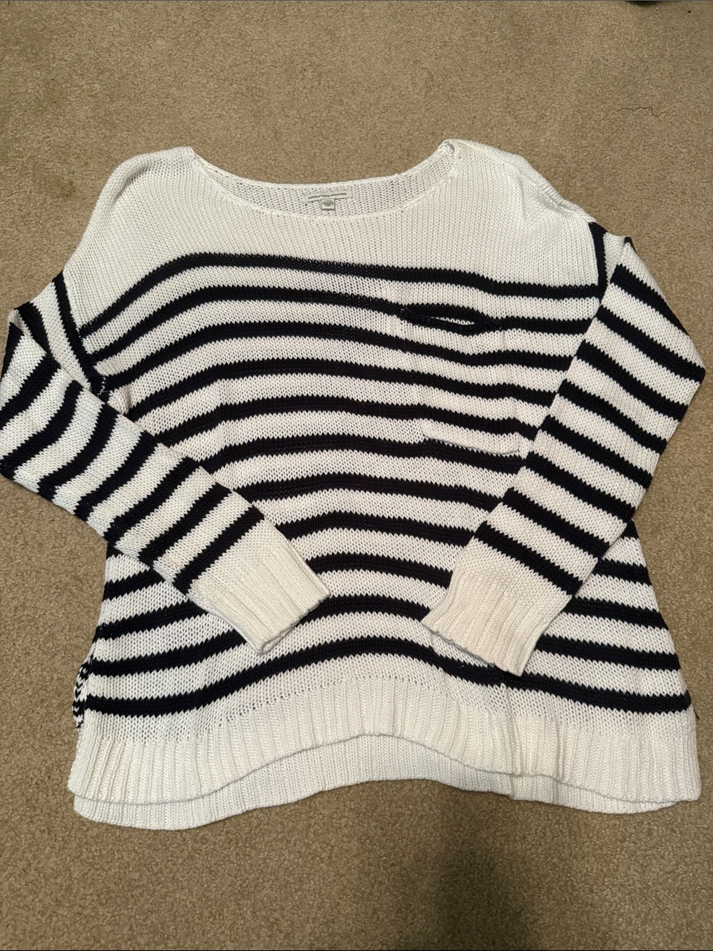 American Eagle Outfitters White and Navy Striped Scoop-Neck Sweater